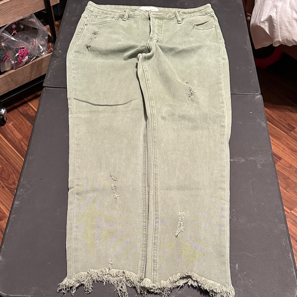 Olive Straight Leg Jeans with Frayed Hem